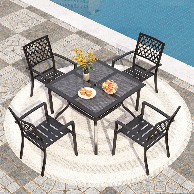 PHI VILLA Patio Dining Set for 4, Stackable Chairs&Square Steel Table | 37" Black Square Wrought Iron Table&Stackable Metal Steel Chairs,Outside Furniture Set for Patio,Deck,Backyard,Porch