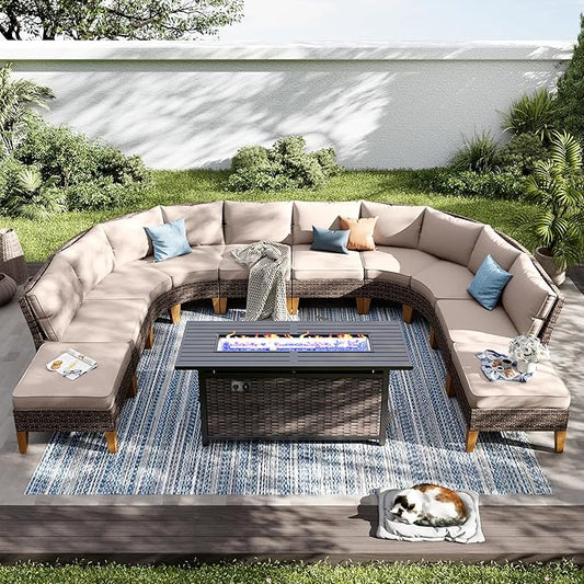 PHI VILLA 9-Piece Half Moon Patio Furniture Set with 56" Fire Pit Table, Outdoor Wicker Sectional Sofa with Thick Beige Cushions, 2 Ottomans, Large Curved Conversation Seating for Garden or Backyard