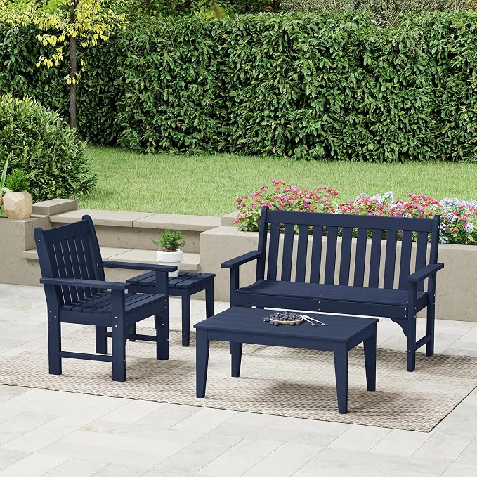 Costaelm Adirondack Outdoor Coffee Table, HDPE Drink Table Weather Resistant, Patio Porch Accent Balcony Table Outdoor End Table for Pool, Seaside, Backyard, Navy Blue