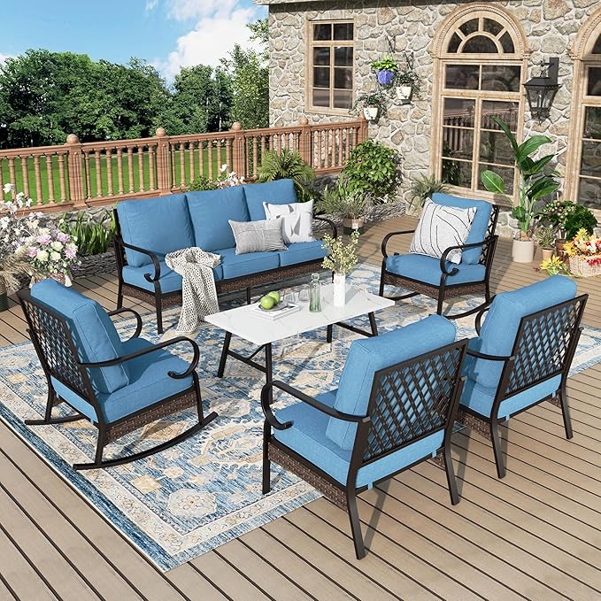 Patio Furniture Set with Coffee Table, Outdoor Conversation Set with 2 x Fixed Chairs, 2 x Rocking Chairs, 1 x 3-Seat Sofa for Lawn Garden Backyard, Navy Blue
