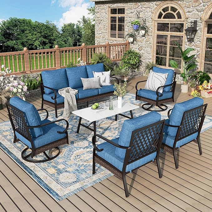Patio Furniture Set with Coffee Table, Outdoor Conversation Set with 2 x Fixed Chairs, 2 x Swivel Chairs, 1 x 3-Seat Sofa for Lawn Garden Backyard, Pacific Blue