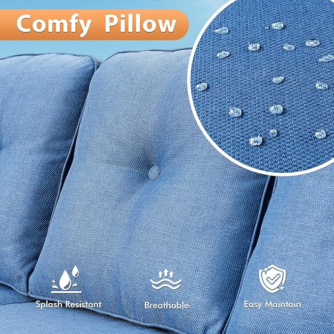Outdoor Patio Furniture Sets, 5 PCS Patio Conversation Set Outside Rattan Sofa with 54 in Fire Pit Table Comfy Cushions Fit Backyard Porch Garden Poolside Balcony,Diamond Blue