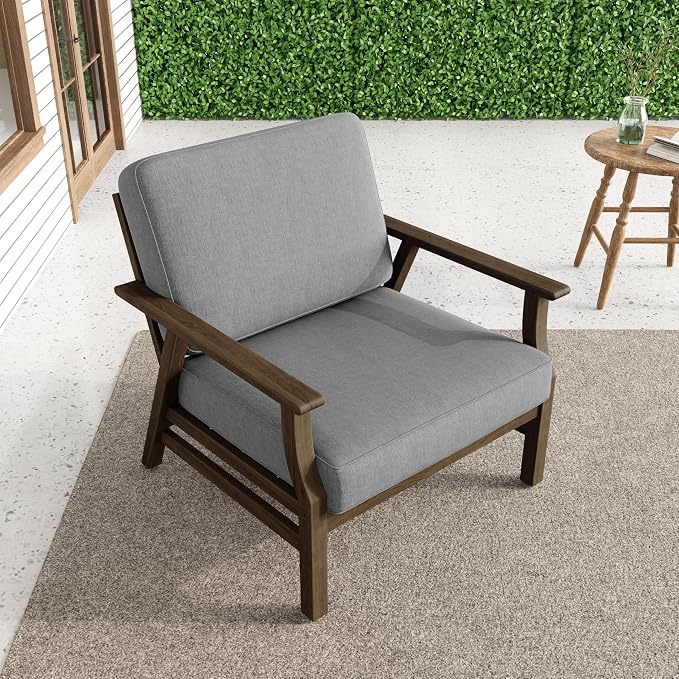 2 Piece Wood Patio Chair Outdoor Bistro Set, Outdoor Armrest Chair All Weather Patio Sofa Furniture Backyard Conversation Sets with Cushions, Grey