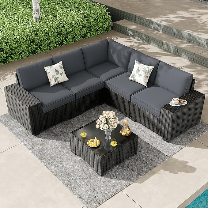 6 Pieces Patio Furniture Set, Outdoor Couch Sofa with Wider Armrests & Glass Coffee Table, Outdoor Sectional Furniture with Thick Cushions for Party, Poolside,Garden-Gray