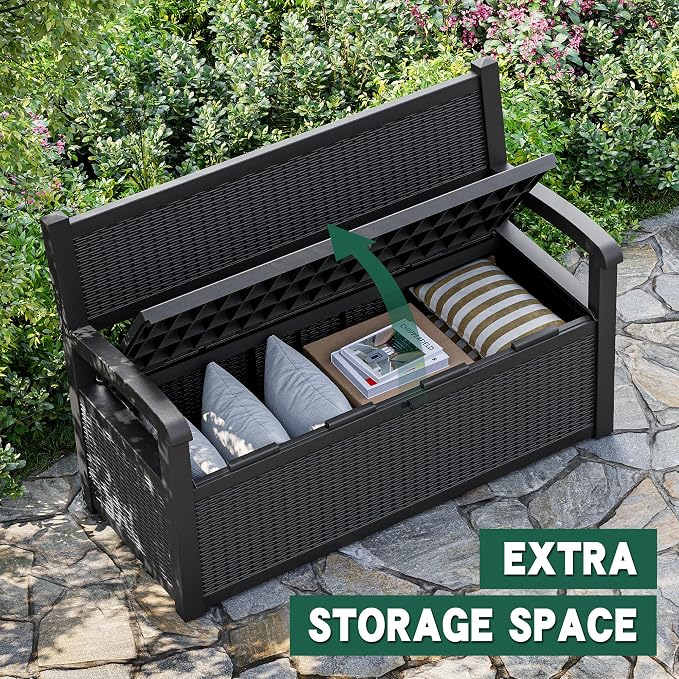 NUNU LAB 70 Gallon Outdoor Storage Bench Deck Box, Lockable Patio Furniture,Resin Outdoor Bench with Armrest,Waterproof Garden Decor,outdoor storage box,for Garden Tools,Cushions and Pool Supplies
