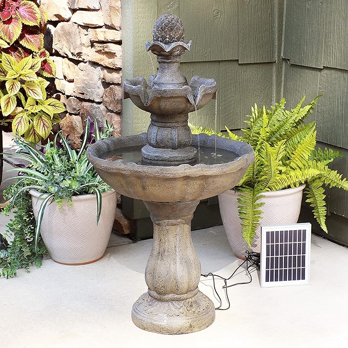 Sunnydaze 33" Pineapple 2-Tier Solar Powered Fountain with Rechargeable Solar Battery Backup for Garden, Patio, Yard or Balcony
