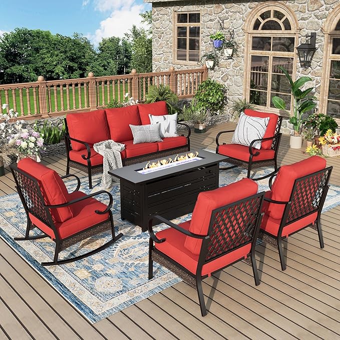 Patio Furniture Set with Fire Pit Table, Metal Outdoor Conversation Set with 2 x Fixed Chairs, 2 x Rocking Chairs, 1 x 3-Seat Sofa for Lawn Garden Backyard, Red