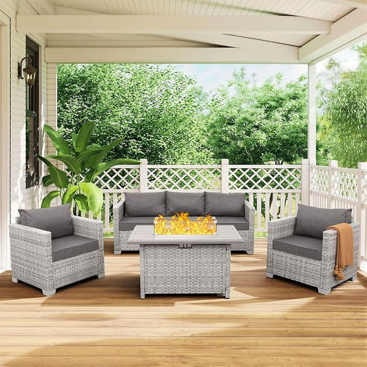 WAROOM Patio Furniture Set 4 Piece Outdoor Wicker Conversation Sets PE Rattan Couch Sectional Sofa with Fire Pit Table, Grey Cushion