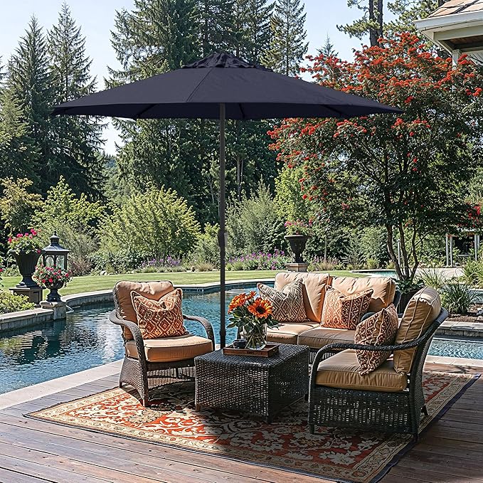 California Umbrella 8-Year Protection 9 Ft Outdoor Patio Umbrella, Solstice Fade-Resistant Fabric, Auto-Tilt, Heavy Duty Aluminum Frame, 8 Reinforced Ribs for Pool or Deck, Black Pole, Navy Blue