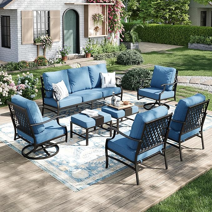 Patio Furniture Set 7 pcs, Outdoor Patio Furniture, 3-Seat Sofa, 2 Single Chairs, 2 Swivel Chairs, 2 Ottomans and 5.75" Extra Thick Cushion, Conversation Set for Deck,Navy Blue