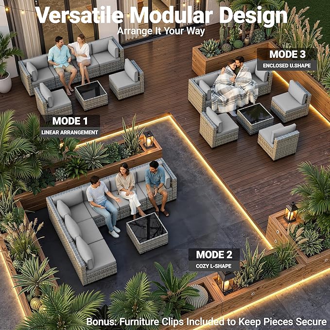 7-Piece Patio Furniture Set, Outdoor Sectional with Thick Cushions, Modular Patio Sofa, Dual-Strand Wicker Rattan, Rust-Resistant Frame, Backyard Furniture for Garden, Deck, Grey