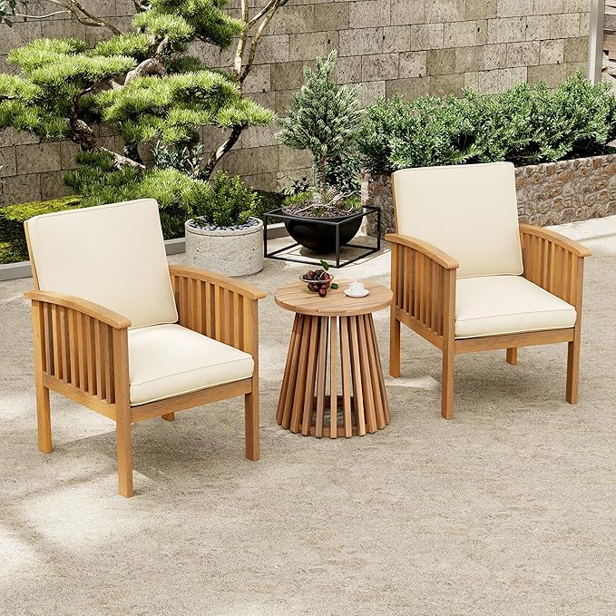 Christopher Knight Home Kiin 3 Pieces Outdoor Patio Furniture Set, Acacia Wood Patio Conversation Set, Side Table and Club Chairs with Cushion for Garden Backyard Balcony, Brown + Cream + Light Teak