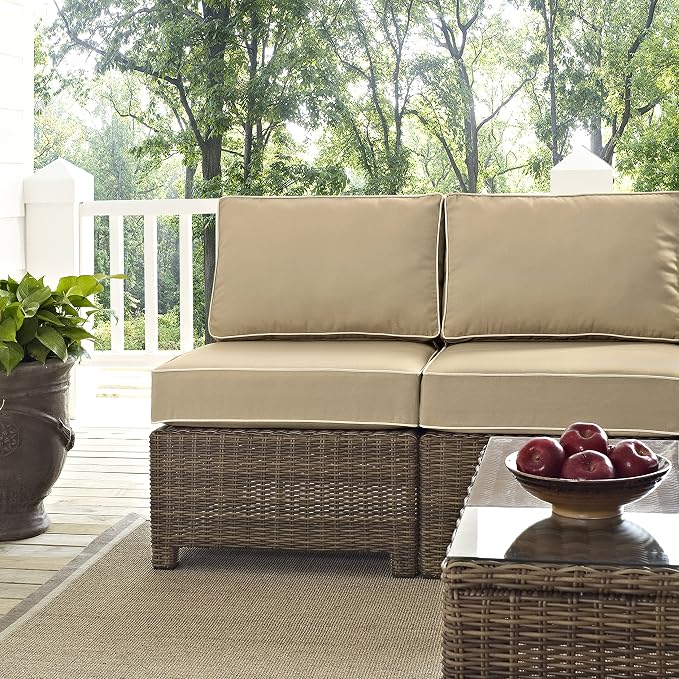 Crosley Furniture Bradenton 5-Piece Outdoor Sectional Sofa Wicker Conversation Patio Furniture Set for Deck, Brown with Sand Cushions