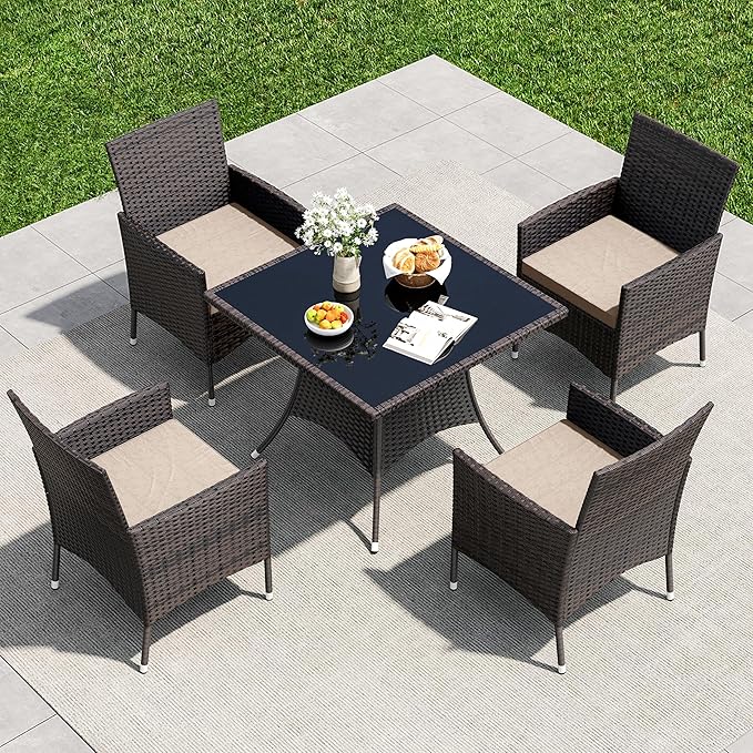 5 Pieces Outdoor Patio Dining Set,Patio Table and Chairs Rattan Outdoor Patio Furniture Set with Umbrella Hole,Dining Table Set for 4 with Chairs for Backyard,Garden and Kitchen,Brown