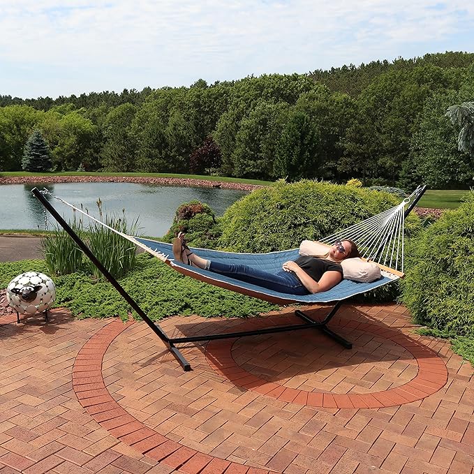 Sunnydaze Double Quilted Polyester Hammock with Detachable Pillow - 440-Pound Capacity - Tidal Wave