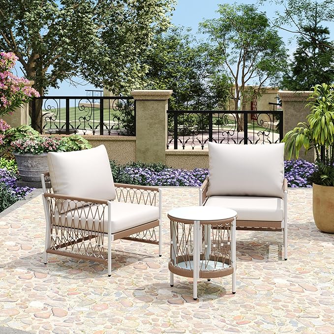 Christopher Knight Home Gwen 3-Piece Bohemian Outdoor Patio Furniture Set, Set of 2 Lounge Chairs with Cushions & Glass Top Side Table, Patio Conversation Set for Garden, Poolside, Beige + Natural