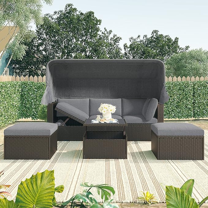 Bellemave Outdoor Daybed with Canopy Patio Furniture Set Wicker Rattan Outdoor Sofa Couch Nautica Backyard Sun Lounger Patio Conversation Set for Porch Garden Poolside, Gray