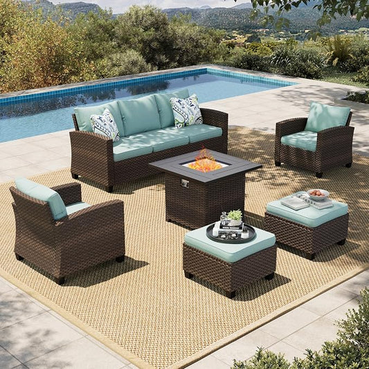 HERA'S HOUSE Wicker Patio Furniture Set with Fire Pit Table, 6 Pieces Outdoor Seating Furniture with Thick Cushions, 7 Seats Patio Conversation Sofa Sets, Blue