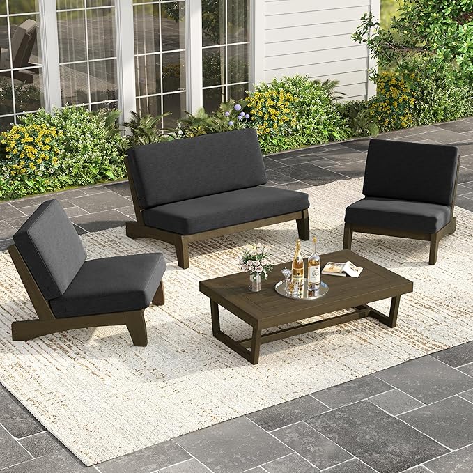 UIXE Wood Patio Furniture Sets, 4 Pieces All Weather Outdoor Sectional Futniture Patio Sofa Chair Backyard Conversation Set with Solid Wooden Coffee Table - Dark Gray