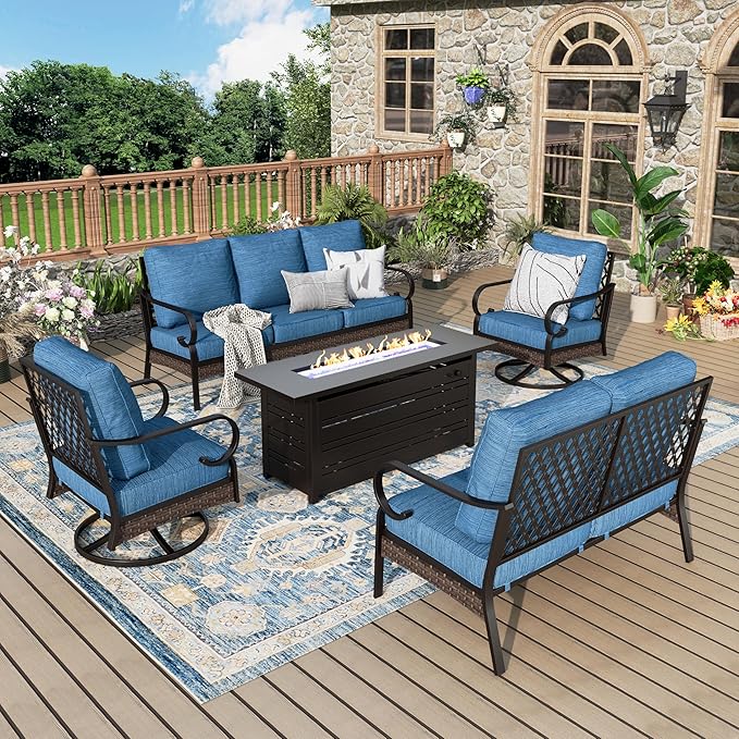 Patio Furniture Set with Fire Pit Table, Black Frame Outdoor Conversation Set with 2 x Swivel Chairs, 1 x 2-Seat Sofa, 1 x 3-Seat Sofa for Patio Backyard, Pacific Blue