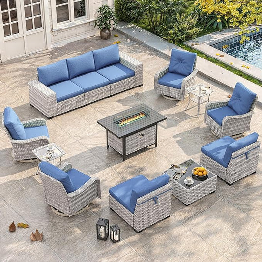 13 Piece Outdoor Wicker Sectional Sofa Set with Swivel Chairs & Fire Pit Table, 9-Seats with 4" Thickened Cushions & Coffee Table, All-Weather PE Rattan for Garden, Backyard, Porch, Blue