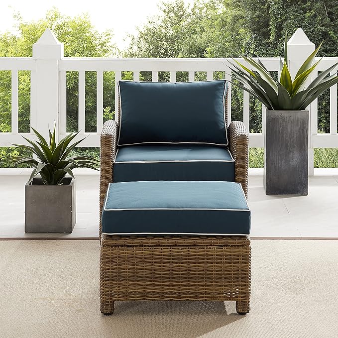 Crosley Furniture Bradenton 2-Piece Outdoor Chair and Ottoman Set, Wicker Patio Conversation Sets for Porch, Brown with Navy Cushions