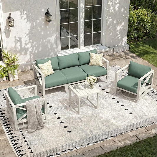 Aluminum Patio Furniture Set,5-Seats Patio Sectional Conversation Sofa with 5.2" All-Weather Cushions and 2 Swivel Rocking Chairs,Outdoor Furniture Set for Deck, Porch, Garden (White)
