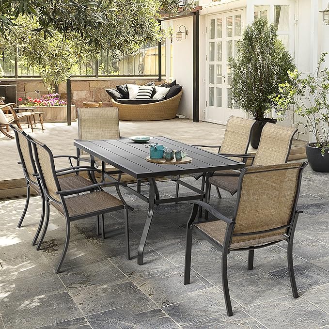 NUU GARDEN 7 Pieces Patio Dining Set, All-Weather Outdoor Furniture with 6 Textilene Dining Chairs and 61" Rectangle Metal Dining Table with Umbrella Hole for Patio Deck Garden, Black and Brown