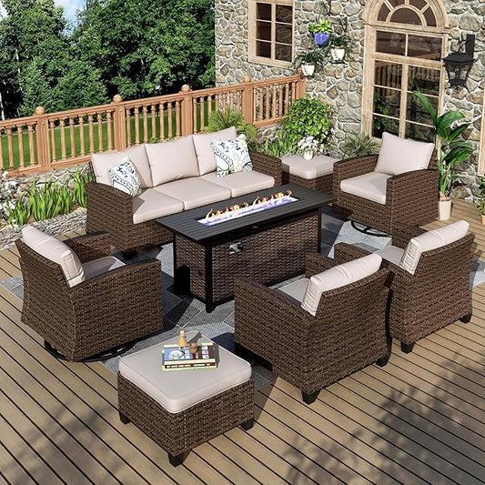 Swivel Glider Patio Furniture Set, 8 Pcs Wicker Outdoor Conversation Set, 2 x Swivel Chairs, 2 x Leg Chairs, 1 x 3 Seater Sofa and 2 x Ottomans and 56" Fire Pit Table, Beige