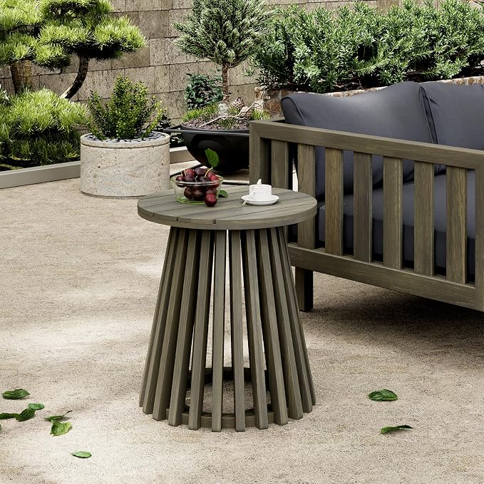 Merax Outdoor Acacia Wood Coffee Table 15.75" Round Patio Side Table for Backyard Lawn Balcony, Aesthetic Slat Base Design (Grey Finish)