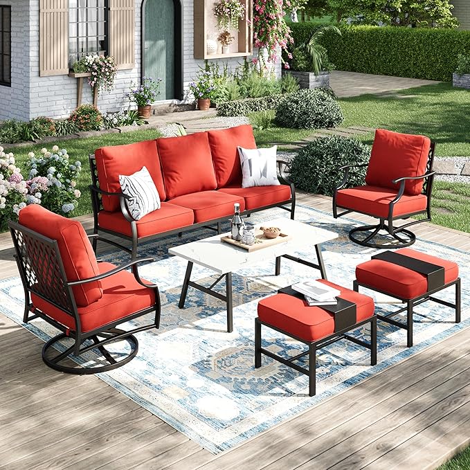 Patio Furniture Set 6 pcs, Outdoor Patio Furniture, 3-Seat Sofa, 2 Swivel Chairs, 2 Ottomans, Coffee Table and 5.75" Extra Thick Cushion, Conversation Set for Backyard Deck, Red