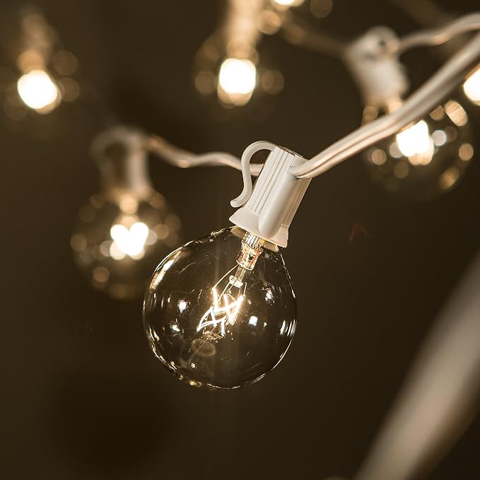 G50 Clear 2 Inch Light Bulbs with C7 Stringer 18 Gauge (White Wire, 50')