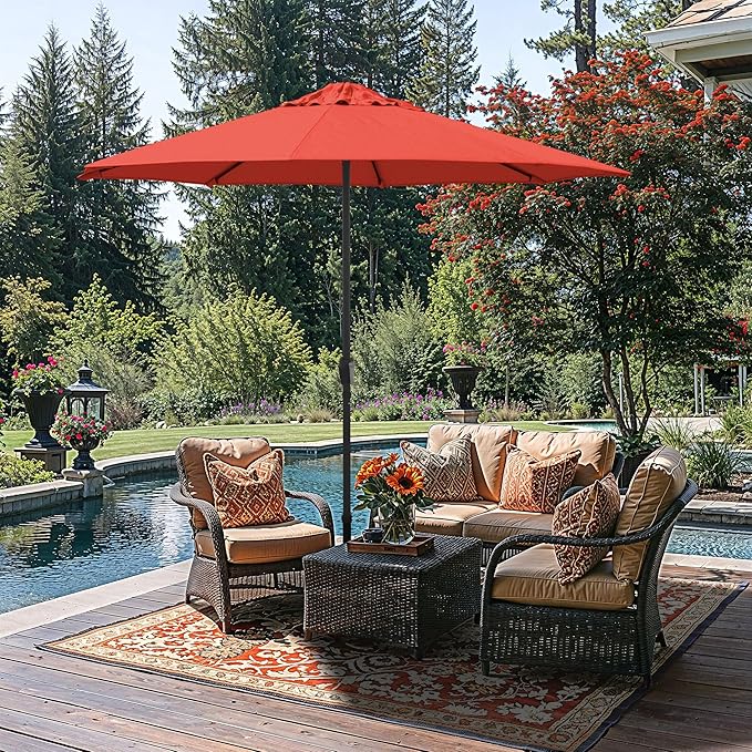 California Umbrella 8-Year Protection 9 Ft Outdoor Patio Umbrella, Solstice Fade-Resistant Fabric, Auto-Tilt, Heavy Duty Aluminum Frame, 8 Reinforced Ribs for Pool or Deck, Black Pole, Sunset