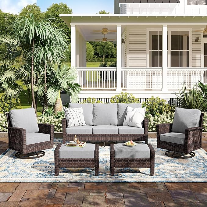 5-Piece Wicker Patio Furniture Set with Swivel Chairs, High Back Outdoor Furniture with 5.5-inch Thick Cushion and Ottoman, All-Weather Wicker Patio Conversation Set for Deck Yard Pool, Grey
