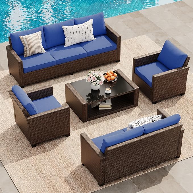 GarveeLife 5 Pieces Patio Furniture Set, 7-Seater Rattan Wicker Patio Conversation Sets with Coffee Table, Outdoor Sectional Patio Sofa Set, Brown Rattan and Blue Cushions