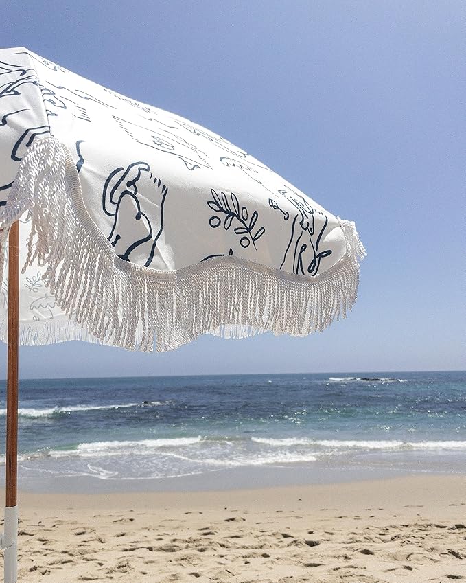 Business & Pleasure Co. Holiday Umbrella - Boho Beach Umbrella with White Fringe, UPF 50+, 1" Tilting Wood Pole, 5’ x 6.5’, Le Basque Navy