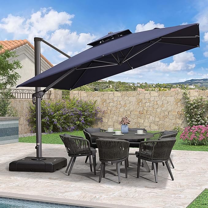 PURPLE LEAF 11FT Cantilever Outdoor Umbrellas Large Patio Umbrella Hanging Double Top Square Offset Umbrella with 360°Rotation Tilting Umbrella Outdoor Patio, Navy Blue