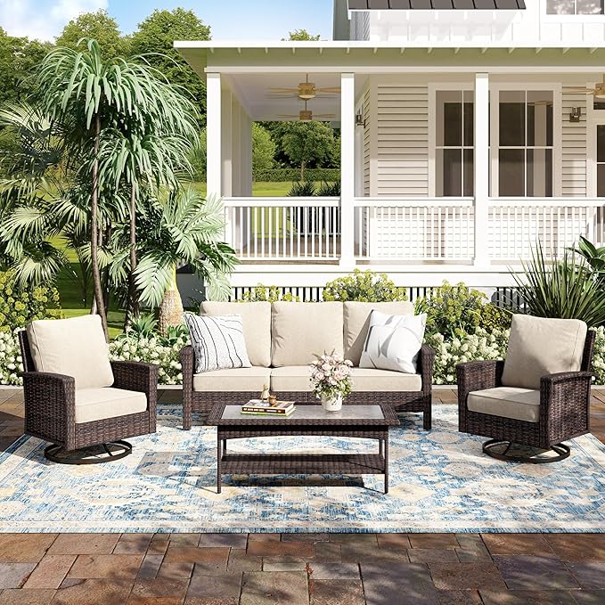 4-Piece Wicker Patio Furniture Set with Swivel Chairs, High Back Outdoor Sofa with 5.5-inch Thick Cushion, All-Weather Patio Table and Chairs Set for Deck Yard Pool, Beige