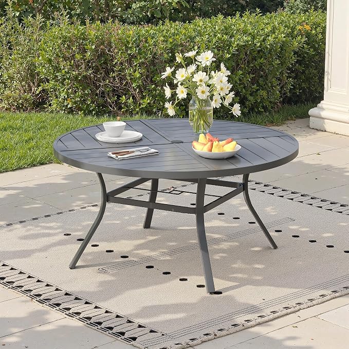 50" Outdoor Dining Table with Adjustable Umbrella Hole, Metal Slatted Round Patio Dining Table for Backyard Garden Deck, Dark Grey