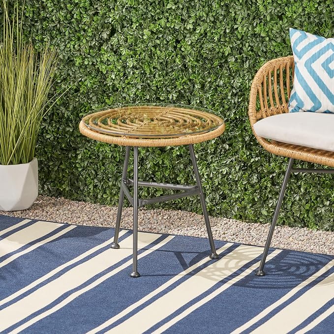 Penau Outdoor Round Faux Rattan Side Table with Tempered Glass Top, Steel Frame, Light Brown, 19.5 x 19.5 x 18.5 Inchs, Modern Balcony Porch Deck End Table