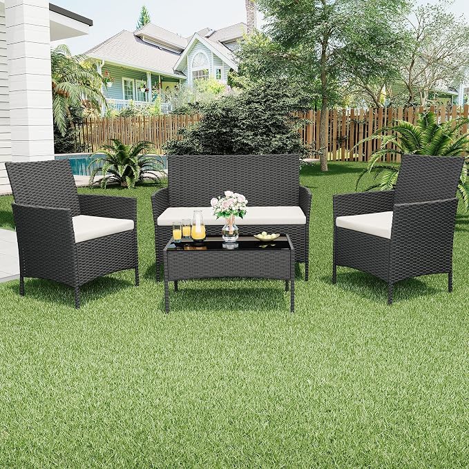 GarveeTech 4 Pieces Patio Furniture Set, Rattan Patio Conversation Set with Coffee Table, Outdoor Furniture Set for Garden, Porch, Lawn & Balcony（Black & Beige）