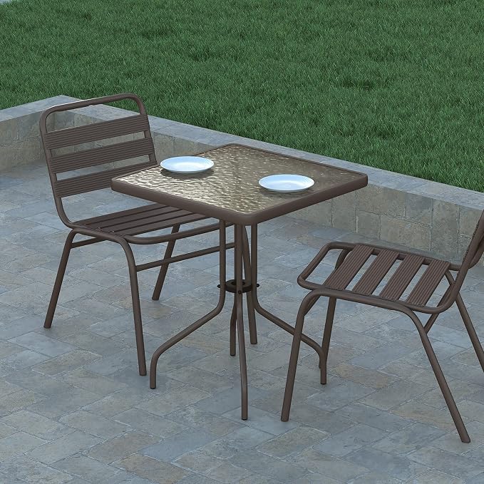 EMMA + OLIVER Benji Patio Dining Table - Bronze Metal Frame - 23.5" Square Tempered Glass Top - Suitable for Indoor/Outdoor Use
