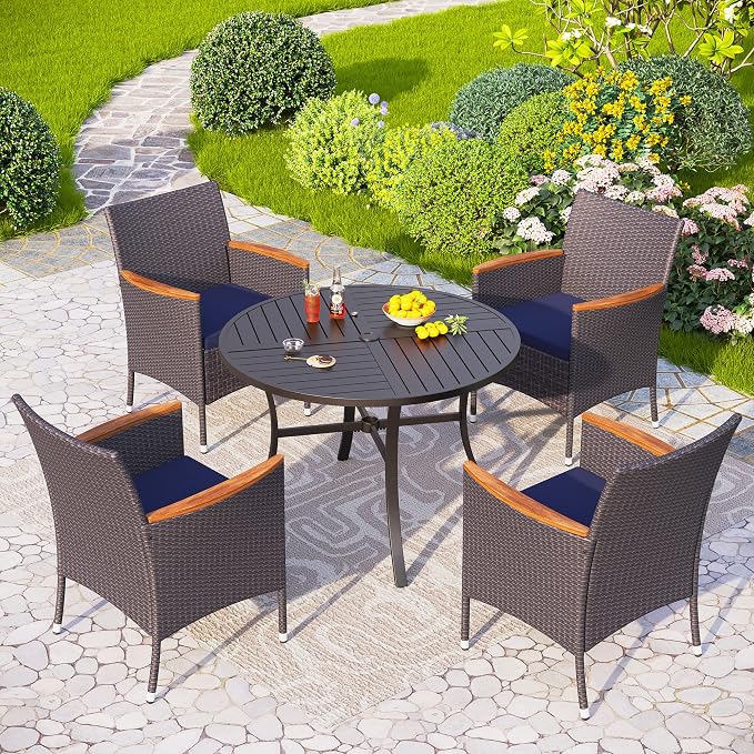 PHI VILLA 5 Pieces Outdoor Round Table Set for 4, 42” Wrought Iron Dining Table with Umbrella Hole & Cushioned Rattan Wicker Chairs for Patio, Deck, Yard, Porch