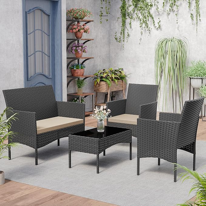 Kurapika Patio Furniture Set 4 Pieces Outdoor Wicker Rattan Chairs Conversation Sets w/Coffee Table, Rocking Bistro Set, for Deck,Patio,Backyard,Lawn (Sand)