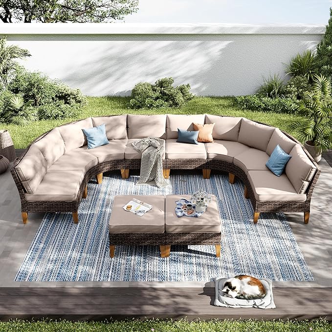 PHI VILLA 8-Piece Half-Moon Patio Furniture Set, Outdoor Wicker Sectional Sofa with Thick Beige Cushions, 2 Ottomans, Large Curved Conversation Seating for Garden or Backyard