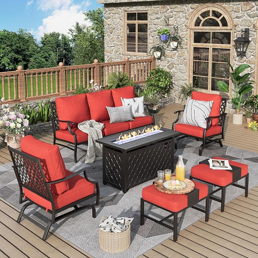 MIXPATIO Patio Furniture Set, 6 Pcs Metal Outdoor Conversation Set, 2 Rocker Chairs, 2 Ottomans and 3 Seater Sofa with 5.75" Extra Thick Cushion and Gas Fire Pit Table, Red