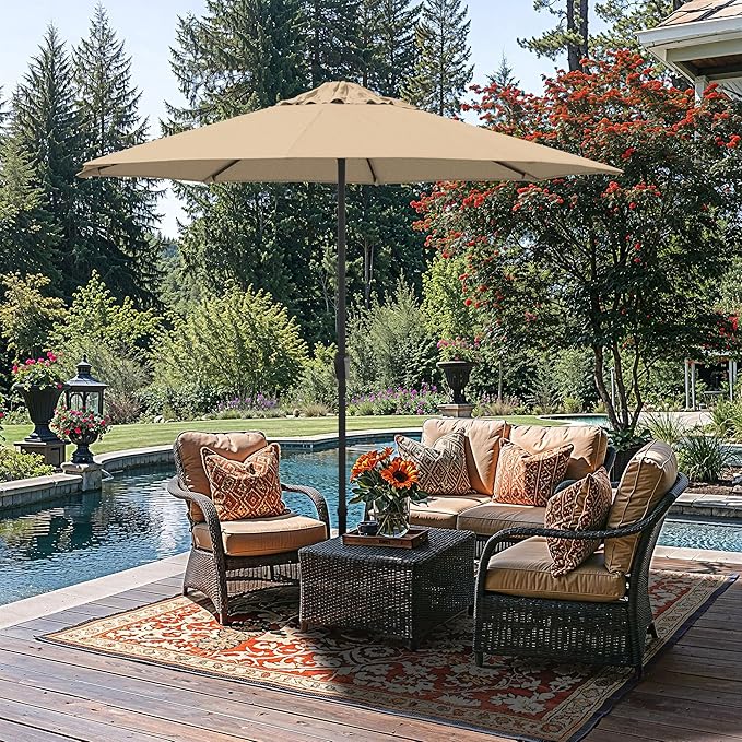 California Umbrella 8-Year Protection 9 Ft Outdoor Patio Umbrella, Solstice Fade-Resistant Fabric, Auto-Tilt, Heavy Duty Aluminum Frame, 8 Reinforced Ribs for Pool or Deck, Black Pole, Antique Beige