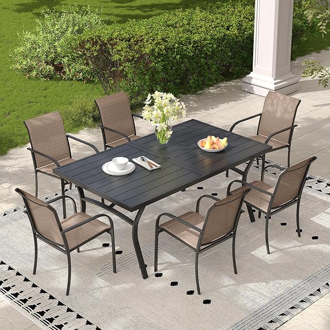 Patio Table and Chairs Set for 6, Outdoor Dining Set with 6 Stackable Dining Chairs and 63.1" x 28" Rectangle Patio Metal Table for Backyard, Deck, Lawn, Garden, Brown & Black