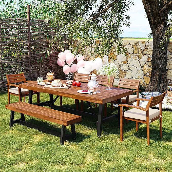 Merax 7 Pieces Patio Dining Table Set, Outdoor or Indoor Dining Furniture Set with 1 Table, 5 Wooden Chairs and 1 Bench, Ergonomic Chairs and Bench, Metal Frame for Garden, Backyard, Balcony, Brown