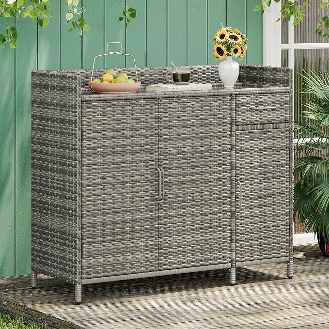 RuiSiSi Wicker Bar Table with Drawer & Adjustable Shelf for Outdoor, Rattan Buffet Cabinet Sideboard with Tempered Glass Desktop, Patio Rattan Bar Table with 3 Doors, Grey